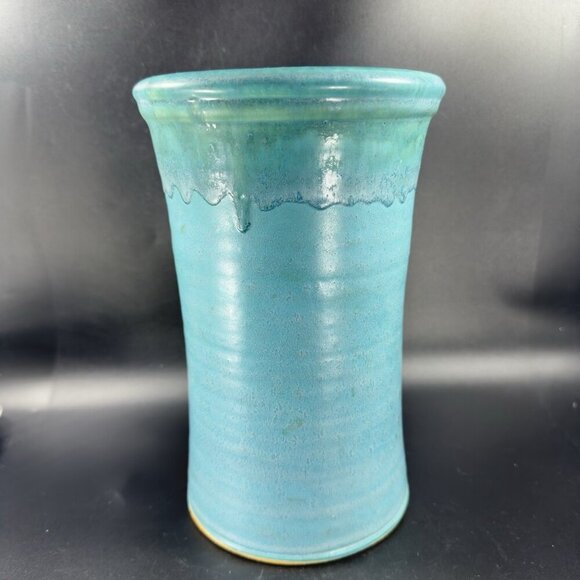 1995 Galena Pottery Company Large Heavy Vase Vessel Turquoise Drip Glaze Signed - Picture 12 of 16